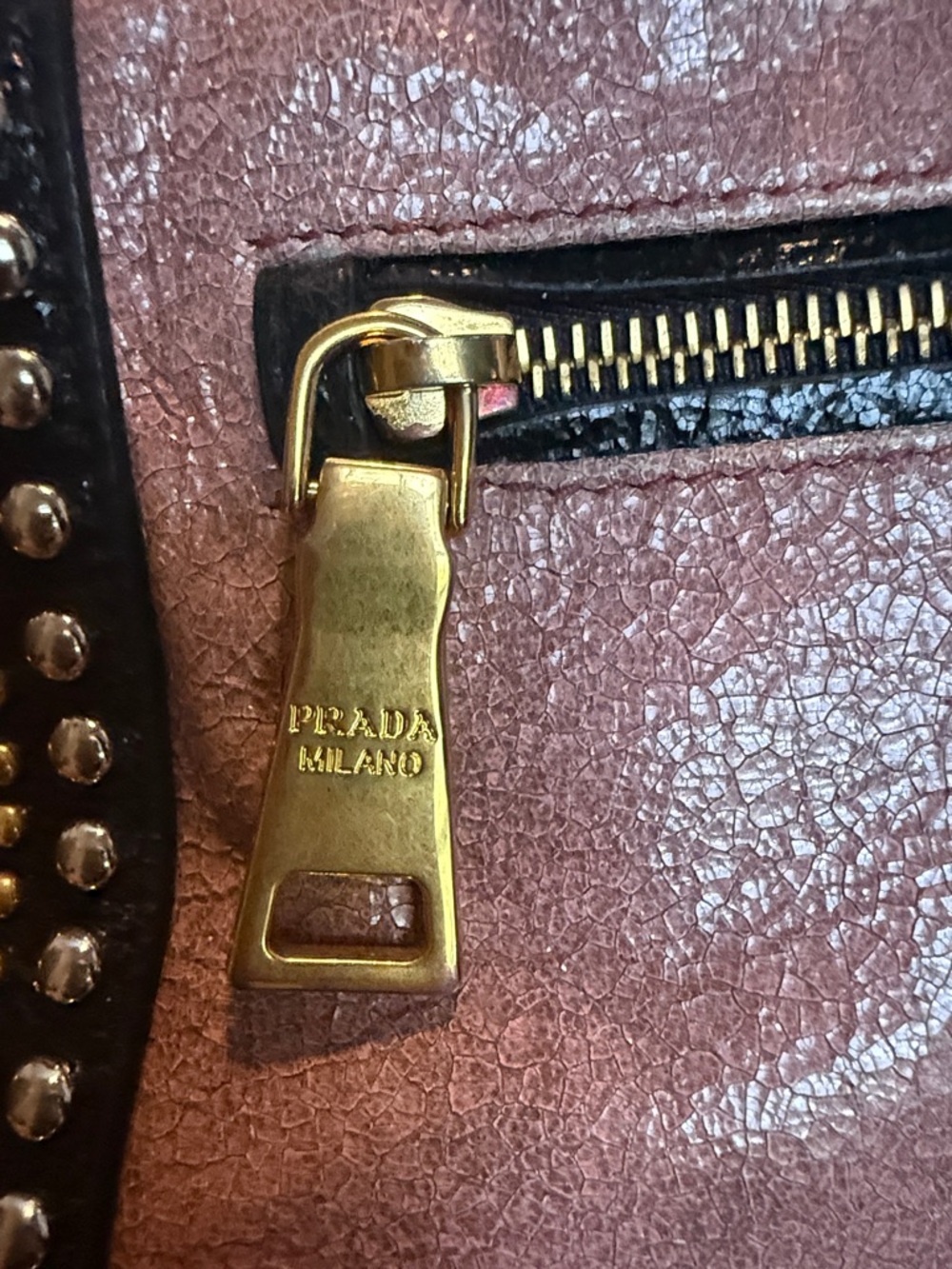 Prada Rose Pink Leather Satchel with Gold Studs and Black Trim & Crossbody Strap - Picture 7 of 10